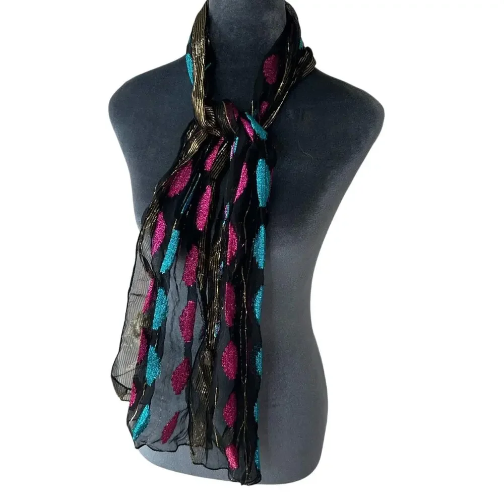 American Vtg Neck Scarf- Metallic- semi sheer bright pink blue- some wear 60x11